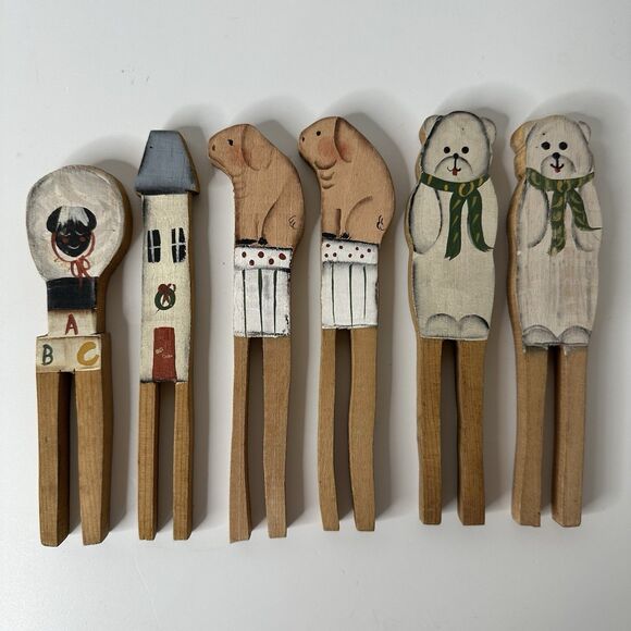 Primitive Handcrafted Wood Clothespins Set of 6 Folk Art Bears Sheep Pigs Decor - Picture 15 of 15